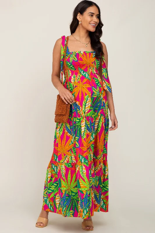 Fuchsia Tropical Print Smocked Tie Sleeve Maternity Maxi Dress Classic V-Neck Maxi Dress