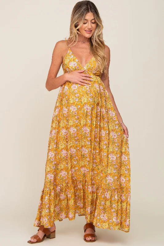 Gold Floral Back Tie Cutout Maternity Maxi Dress Trendy Floral Print Maxi Dress