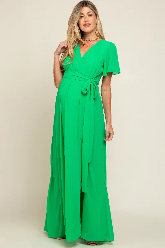 Green Chiffon Short Sleeve Wrap V-Neck Front Slit Maternity Maxi Dress Comfortable Long-Sleeve Maxi Dress