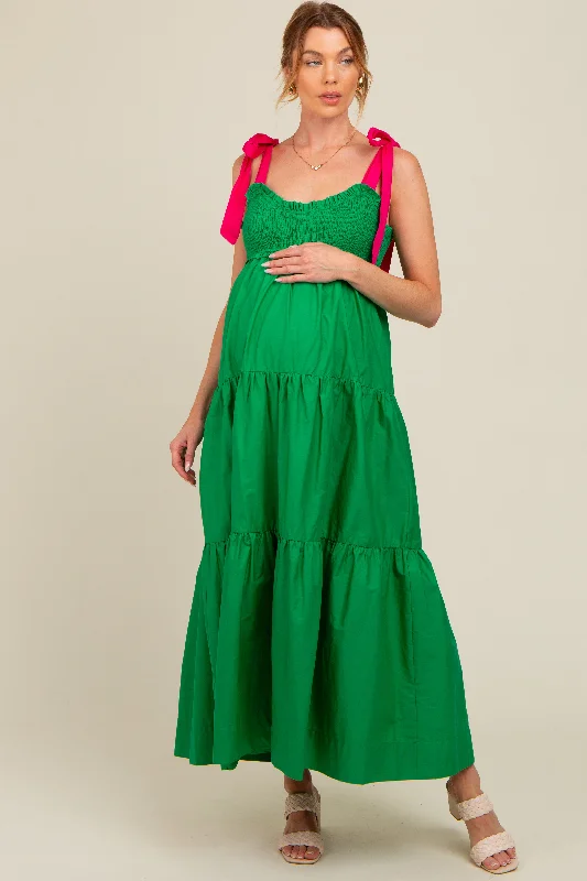 Green Contrast Shoulder Straps Maternity Maxi Dress Comfortable Bohemian Maxi Dress