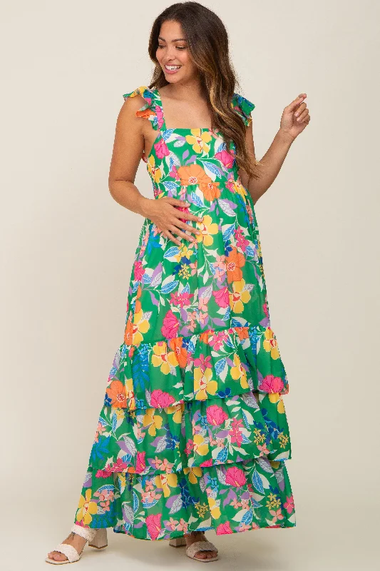 Green Floral Chiffon Square Neck Ruffle Maternity Maxi Dress Comfortable Maxi Dress with Sleeves