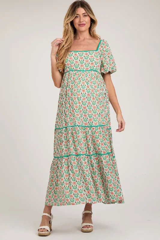 Green Floral Print Puff Sleeve Maternity Maxi Dress Stylish Pleated A-Line Maxi Dress