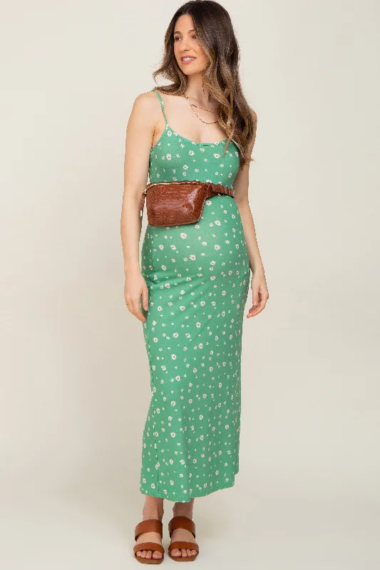 Green Floral Sleeveless Maternity Maxi Dress Comfortable T-Shirt Maxi Dress