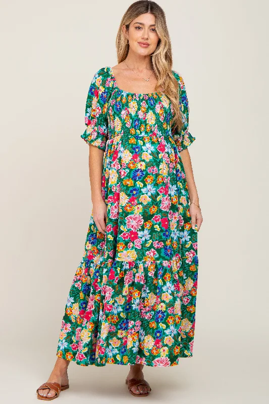 Green Floral Smocked Puff Sleeve Maternity Maxi Dress Chic Boho Print Maxi Dress