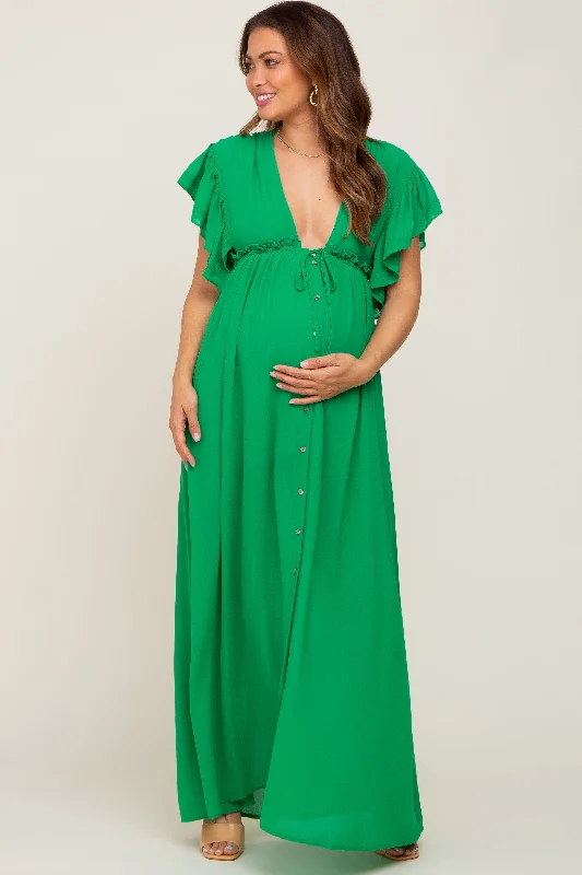 Green Flounce Button Front Maternity Maxi Dress Chic Sleeveless Maxi Dress