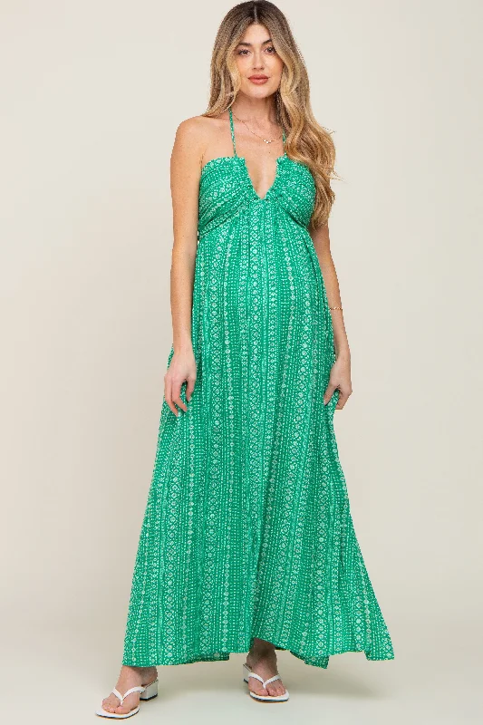 Green Halter Printed Side Slit Maternity Maxi Dress Cozy Ribbed Maxi Dress