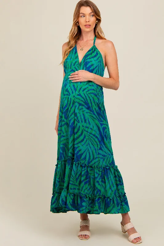 Green Leaf Print Halter Maternity Maxi Dress Fashionable Open-Back Maxi Dress