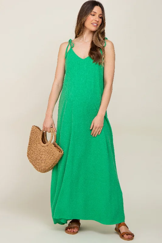 Green Linen V-Neck Tie Strap Maternity Maxi Dress Stylish Button-Up Maxi Dress