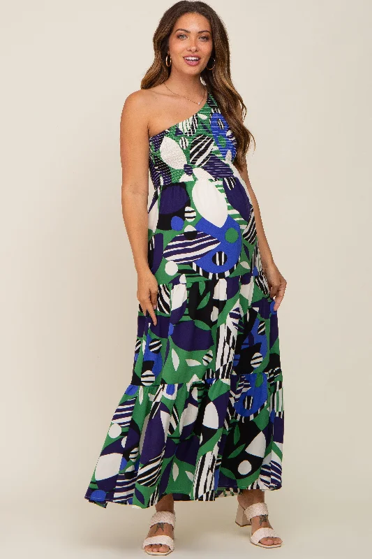 Green Printed One Shoulder Tiered Maternity Maxi Dress Comfortable Casual Maxi Dress