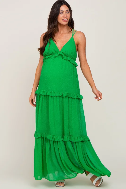 Green Ruffle Tier Cross Back Maternity Maxi Dress Cozy Ruffle Sleeve Maxi Dress