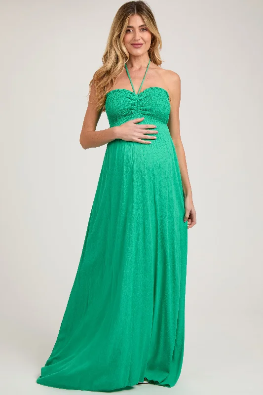 Green Smocked Halter Maternity Maxi Dress Trendy Fit-and-Flare Maxi Dress