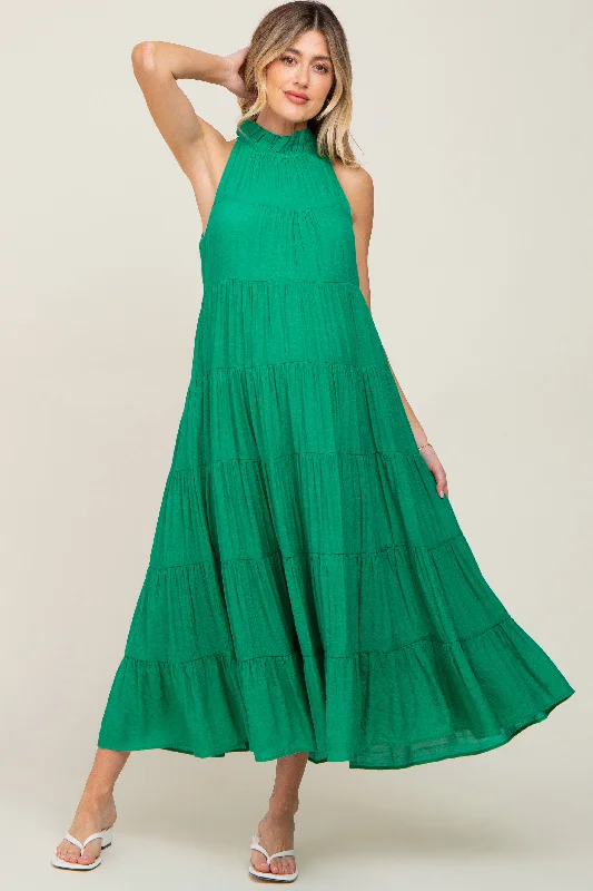 Green Tiered High Neck Maternity Maxi Dress Elegant Velvet Maxi Dress