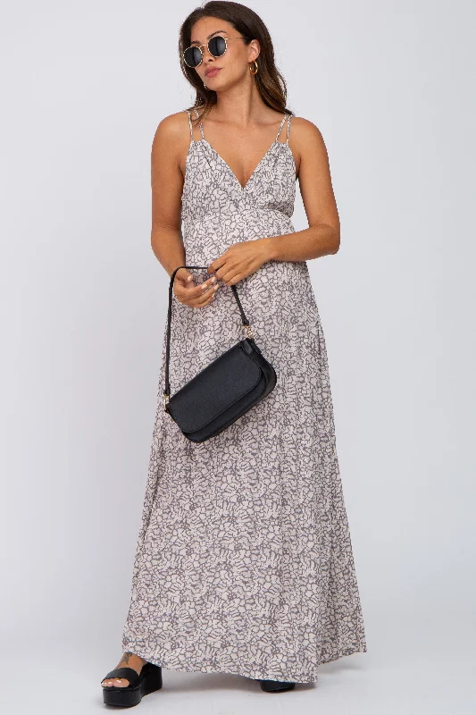 Grey Printed Sleeveless Maternity Maxi Dress Classic A-Line Maxi Dress