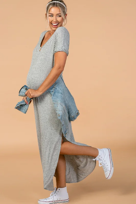 Grey Solid Short Sleeve Maternity Maxi Dress Elegant Velvet Maxi Dress