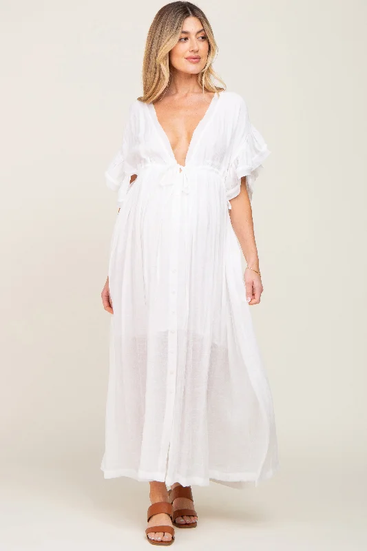 Ivory Deep V-Neck Button Down Maternity Maxi Dress Elegant Lace Maxi Dress