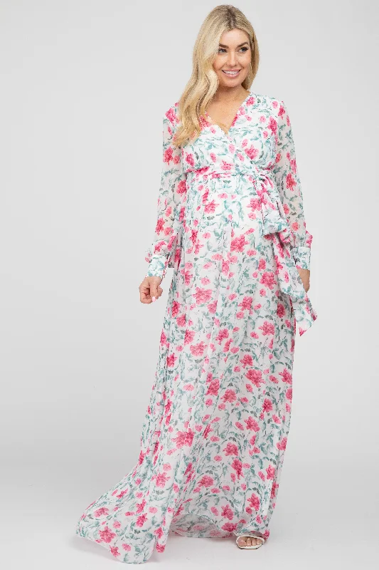 Ivory Floral Chiffon Long Sleeve Pleated Maternity Maxi Dress Elegant Maxi Dress with Drapes