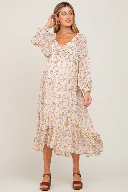 Ivory Floral Chiffon Ruffle Maternity Maxi Dress Chic Boho Print Maxi Dress