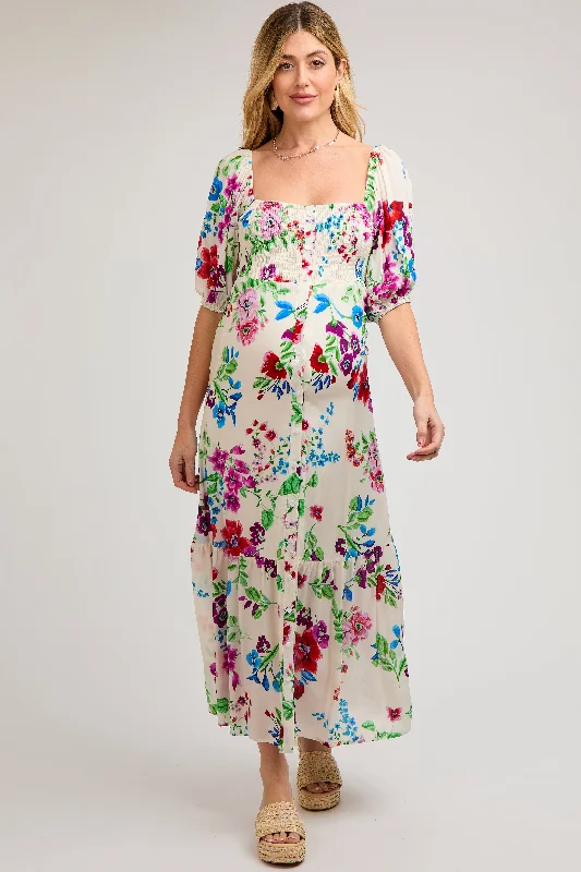 Ivory Floral Front Button Accent Maternity Maxi Dress Comfortable T-Shirt Maxi Dress