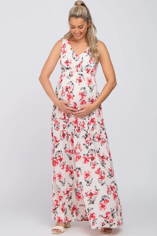 Ivory Floral Waist Tie Maternity Maxi Dress Stylish Boho Maxi Dress