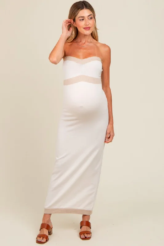 Ivory Strapless Contrast Trim Maternity Maxi Dress Fashionable High-Low Maxi Dress