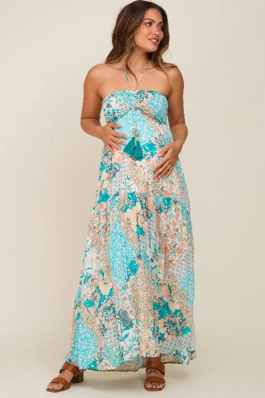 Jade Floral Halter Front Tie Maternity Maxi Dress Cozy Wrap Maxi Dress