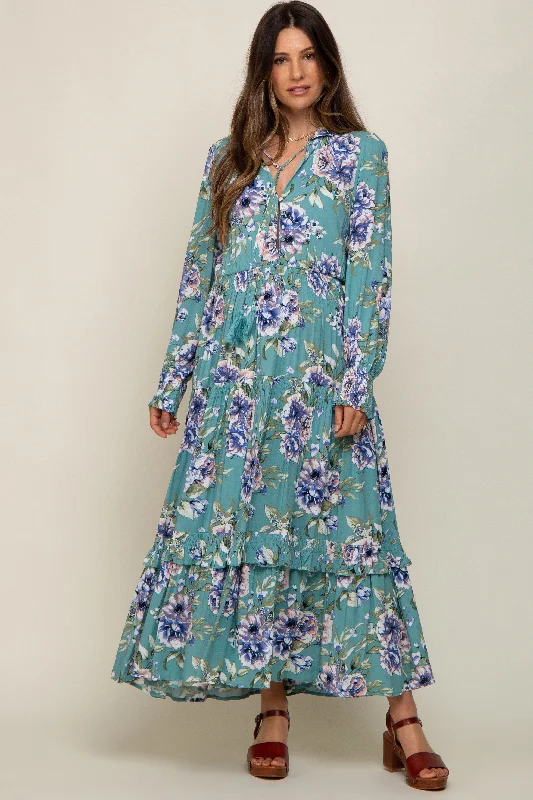 Jade Floral Smocked Ruffle Neck Maternity Maxi Dress Comfortable Bohemian Maxi Dress