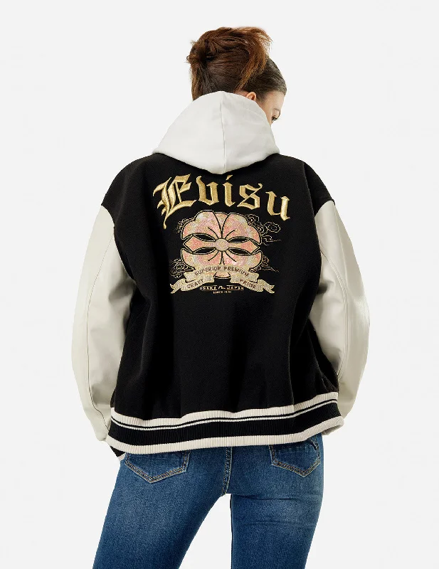Kamon and Logo Embroidery Fashion Fit Varsity Jacket Zippered Front Buttoned Front Snap Front Kamon and Logo Embroidery Fashion Fit Varsity Jacket Zippered Front Buttoned Front Snap Front