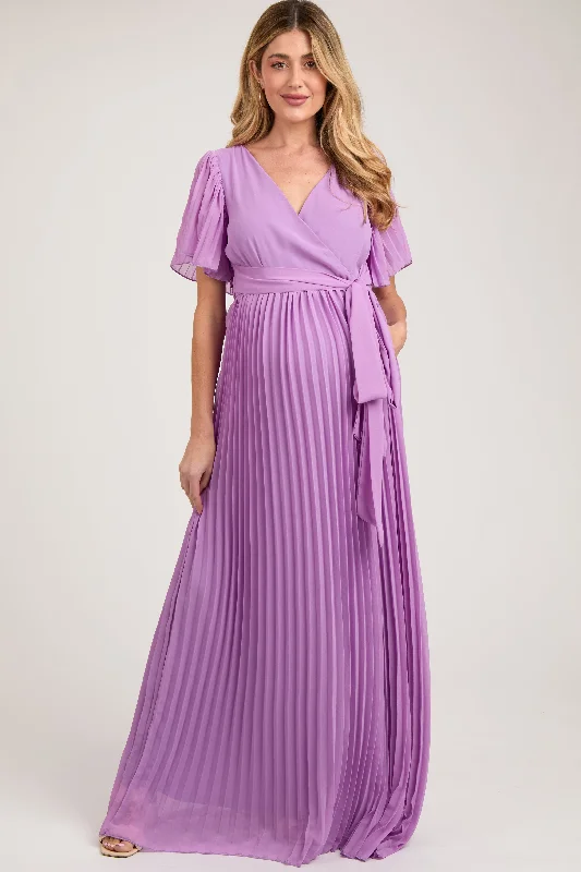 Lavender Chiffon Wrap Front V-Neck Short Sleeve Pleated Maternity Maxi Dress Comfortable Bohemian Maxi Dress