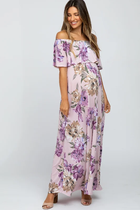 Lavender Floral Flounce Off Shoulder Maternity Maxi Dress Fashionable Sleeveless Maxi Dress