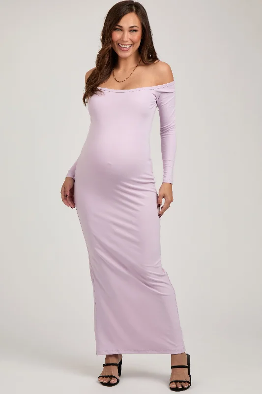 Lavender Off Shoulder Long Sleeve Maternity Maxi Dress Fashionable High-Low Maxi Dress