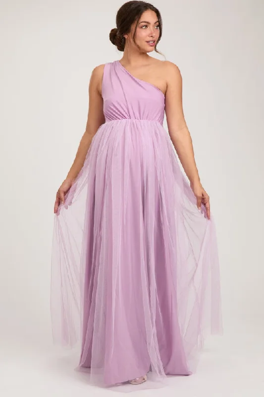 Lavender One Shoulder Tulle Maternity Maxi Dress Stylish V-Neck Maxi Dress