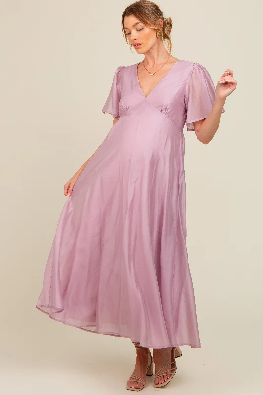 Lavender V-Neck Flutter Sleeve Maternity Maxi Dress Trendy Satin Maxi Dress