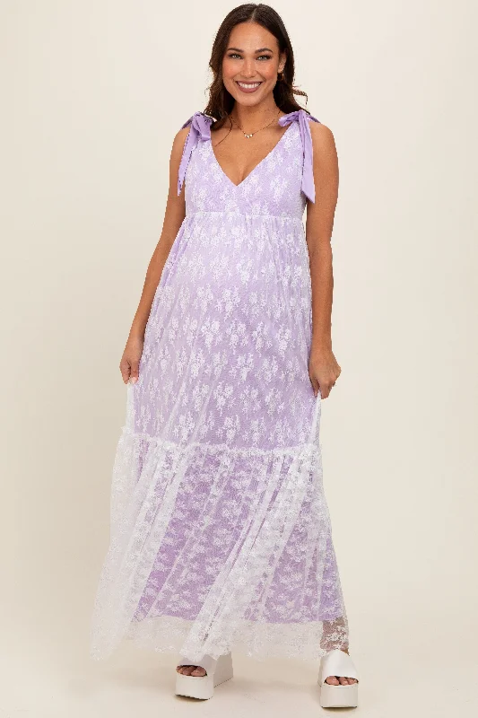 Lavender V-Neck Satin Tie Lace Overlay Maternity Maxi Dress Comfortable Fitted Maxi Dress