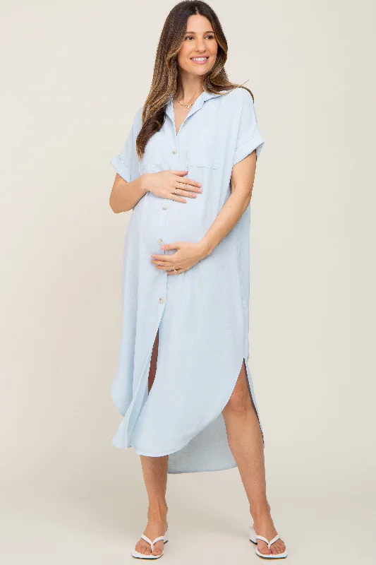 Light Blue Button Down Hi Low Maternity Maxi Dress Elegant Floral Maxi Dress