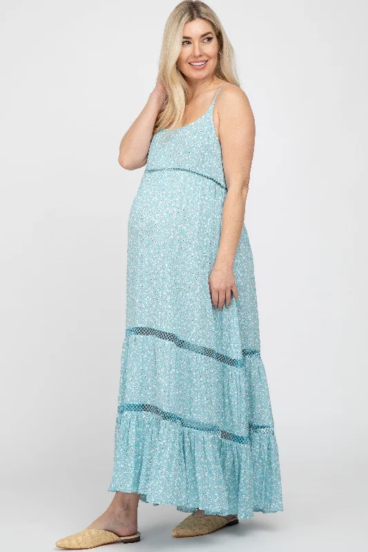 Light Blue Ditsy Floral Crochet Accent Maternity Maxi Dress Stylish Pleated A-Line Maxi Dress