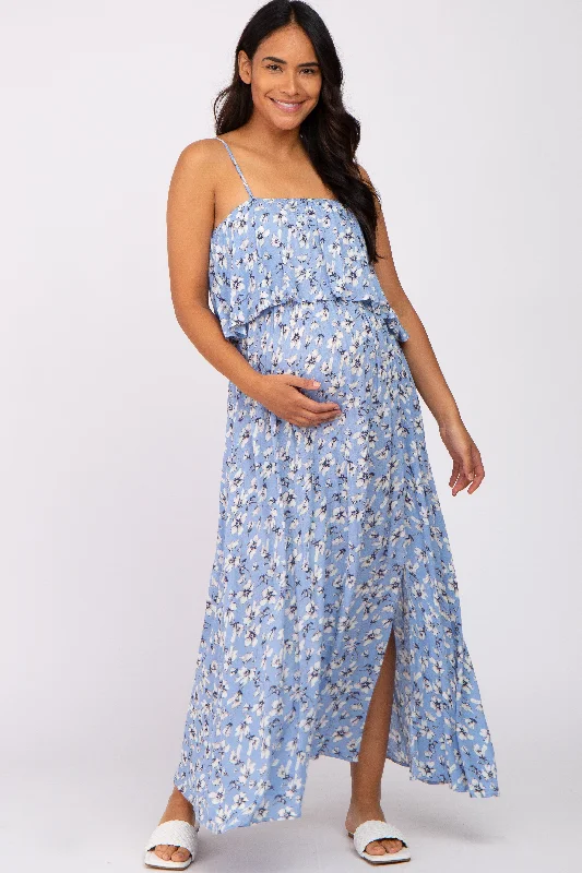 Light Blue Floral Flounce Maternity Maxi Dress Elegant Maxi Dress with Belt