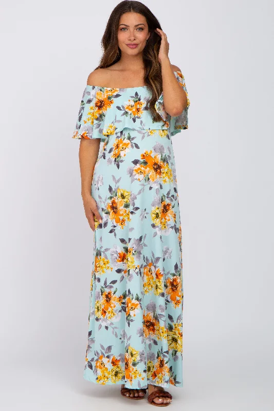 Light Blue Floral Off Shoulder Maternity Maxi Dress Cozy Longline Maxi Dress