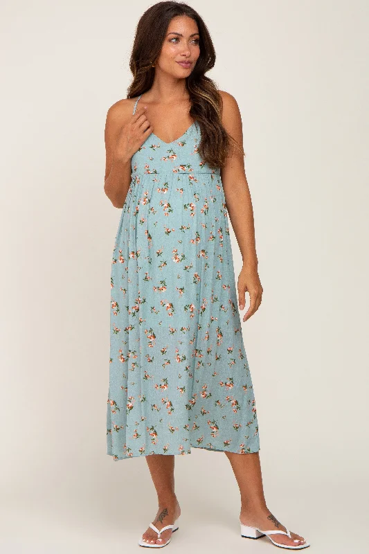 Light Blue Floral Sleeveless Maternity Maxi Dress Cozy Ribbed Maxi Dress