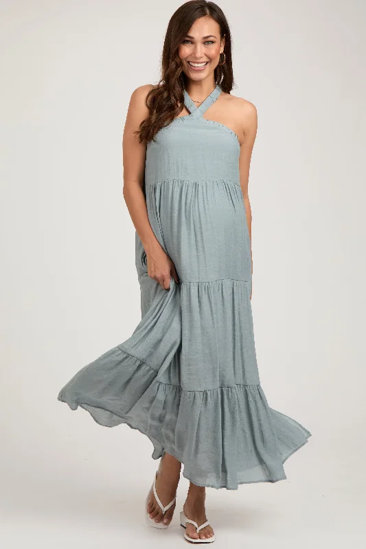 Light Blue Halter Tiered Maternity Maxi Dress Stylish Off-Shoulder Maxi Dress