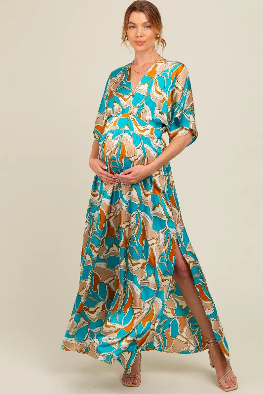 Light Blue Printed Deep V-Neck Maternity Maxi Dress Elegant Silk Maxi Dress