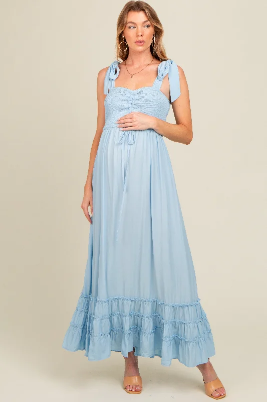 Light Blue Sweetheart Neck Smocked Shoulder Tie Maternity Maxi Dress Chic Summer Floral Maxi Dress