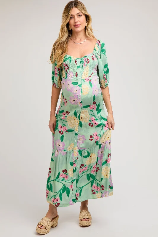 Light Green Floral Front Button Maternity Maxi Dress Chic Boho Print Maxi Dress