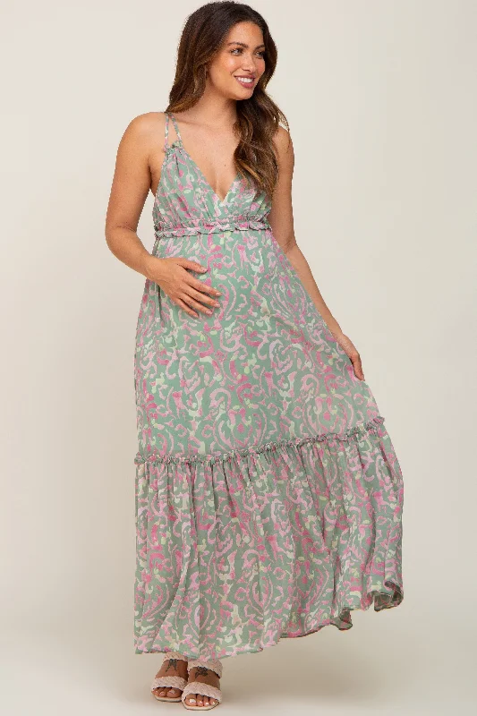 Light Olive Chiffon V-Neck Ruffle Tiered Maternity Maxi Dress Stylish Maxi Dress with Frills