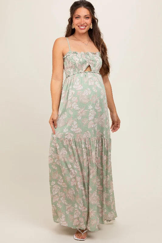 Light Olive Floral Sweetheart Smocked Front Cutout Maternity Maxi Dress Elegant Maxi Dress with Belt