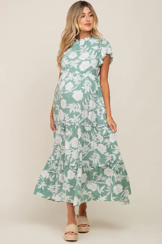 Light Olive Floral Tiered Ruffle Accent Maternity Maxi Dress Chic Summer Floral Maxi Dress