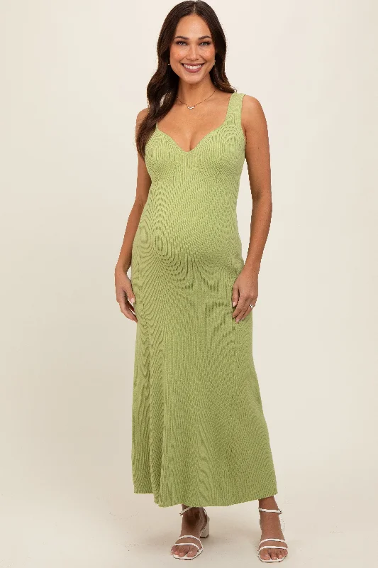 Light Olive Knit Deep V-Neck Maternity Maxi Dress Chic Sleeveless Maxi Dress