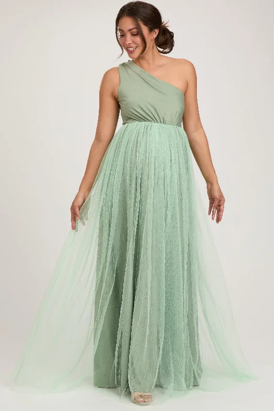 Light Olive One Shoulder Tulle Maternity Maxi Dress Elegant Floral Maxi Dress