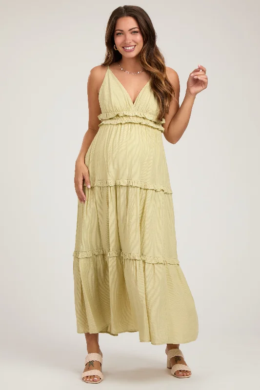 Light Olive Striped Ruffle Tiered Maternity Maxi Dress Classic Strapless Maxi Dress