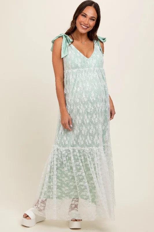 Light Olive V-Neck Satin Tie Lace Overlay Maternity Maxi Dress Stylish One-Shoulder Maxi Dress