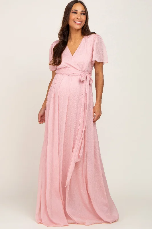 Light Pink Metallic Shimmer Chiffon Maternity Maxi Dress Elegant Maxi Dress with Slit